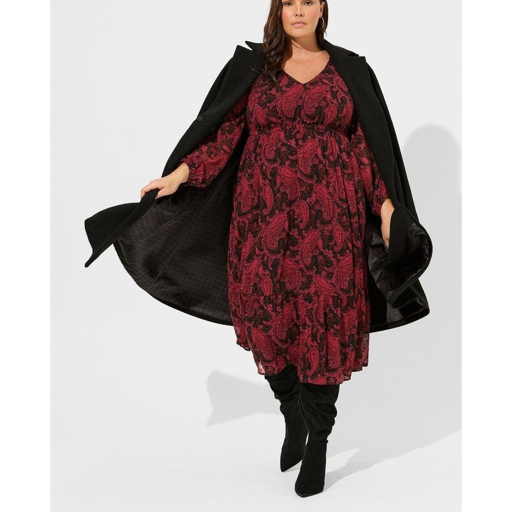 Women’s Red Paisley Midi Dress with Long Sleeves - Picture 2 of 9